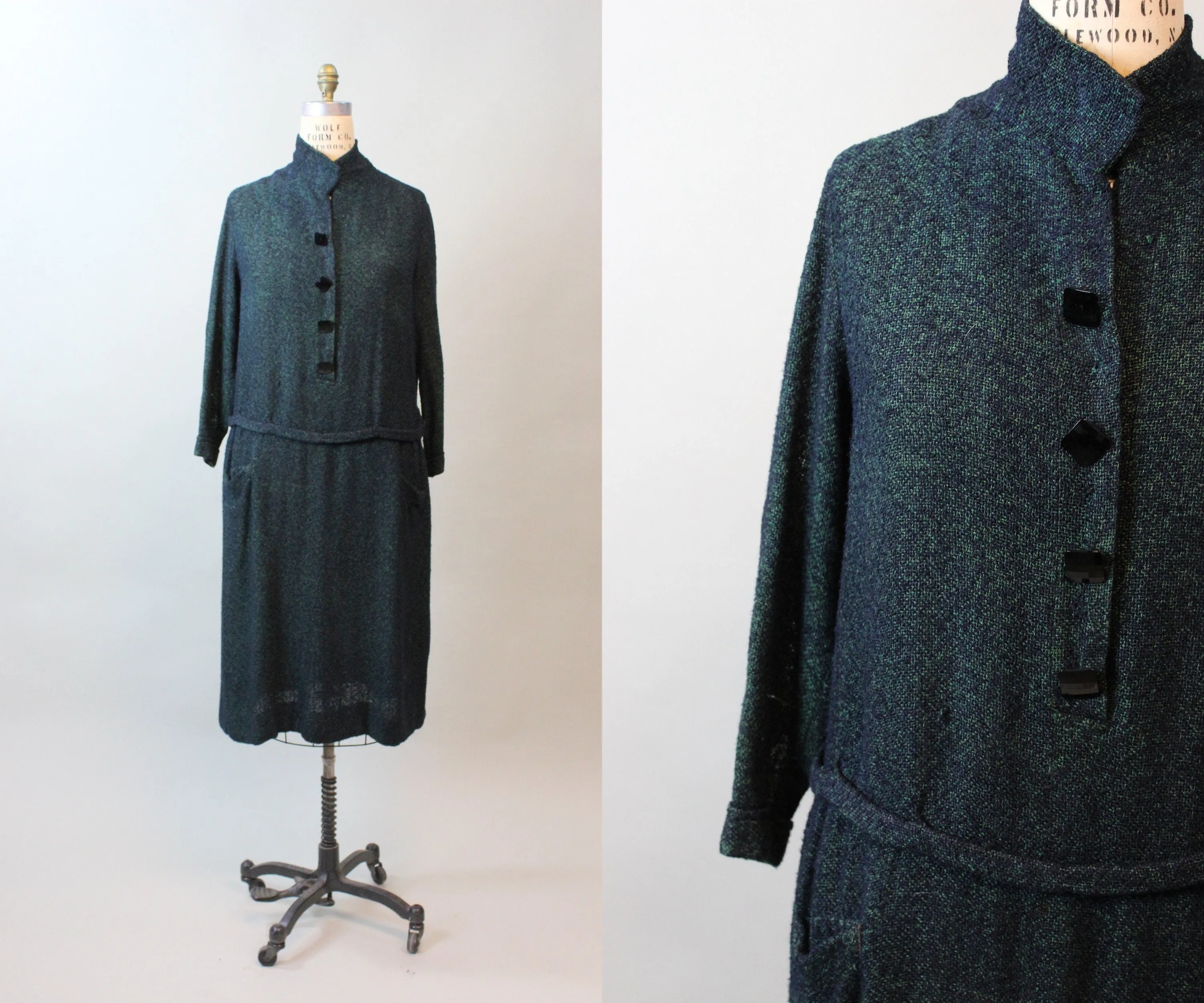 1920s RARE GREEN KNIT dropwaist dress large xl | new fall winter