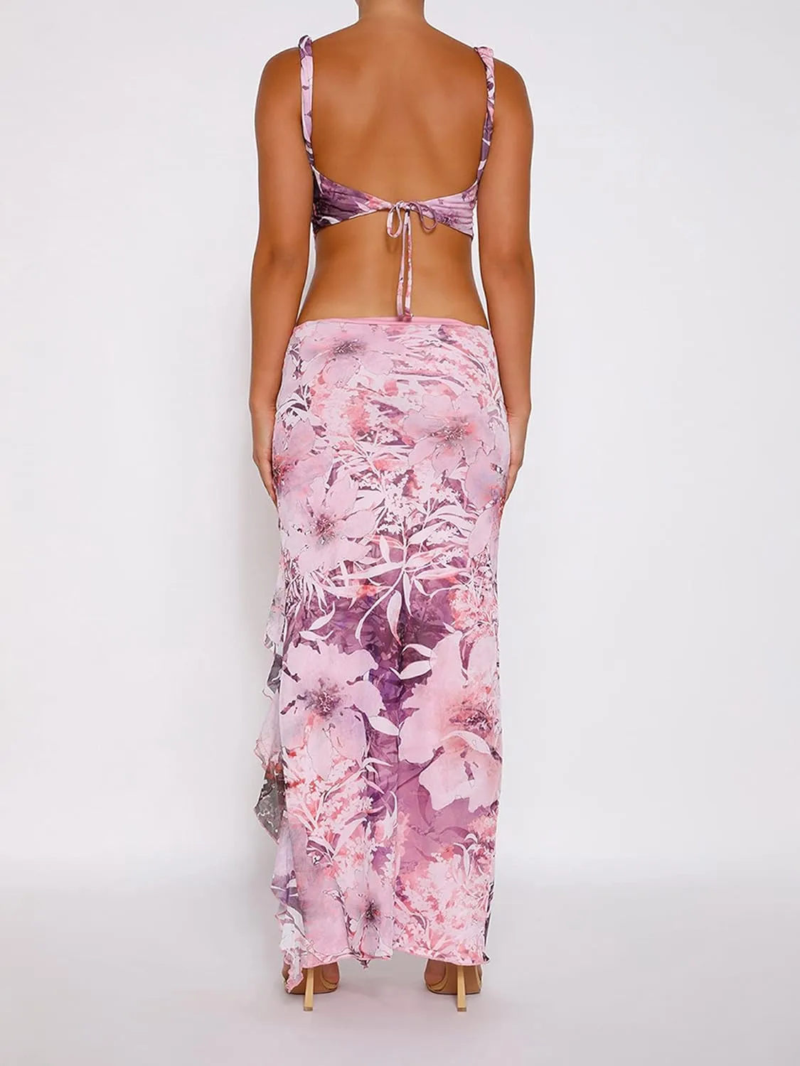 2 Piece Maxi Skirt Set for Womens Lace Up Back Tank Tops Tie Up High Waist Long Skirt Set