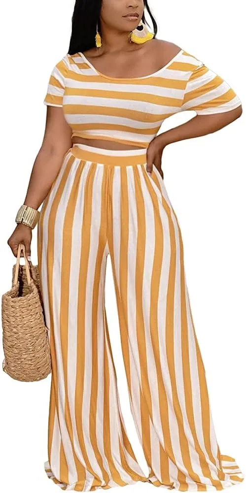 2 Piece Outfits for Women Sexy Backless Short Sleeve Crop Top High Waist Wide Leg Long Pant Sets Tracksuit Sport Set