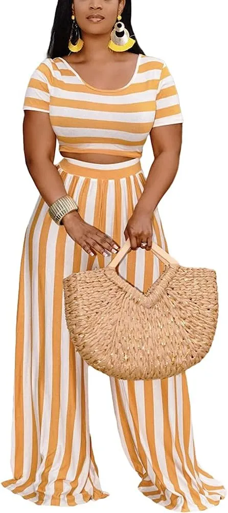 2 Piece Outfits for Women Sexy Backless Short Sleeve Crop Top High Waist Wide Leg Long Pant Sets Tracksuit Sport Set