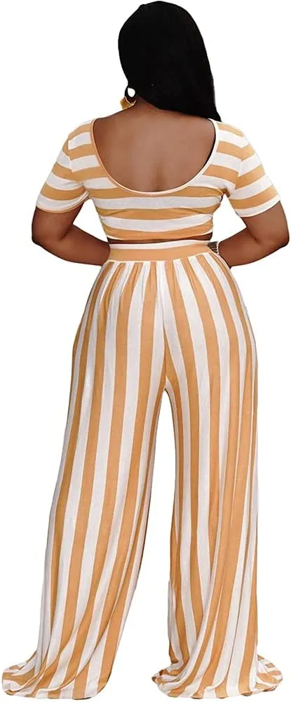 2 Piece Outfits for Women Sexy Backless Short Sleeve Crop Top High Waist Wide Leg Long Pant Sets Tracksuit Sport Set