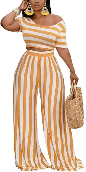 2 Piece Outfits for Women Sexy Backless Short Sleeve Crop Top High Waist Wide Leg Long Pant Sets Tracksuit Sport Set
