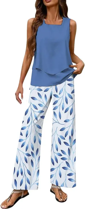 2 Piece Sets for Women Summer Sleeveless Lounge Sets Square Neck Tops Wide Leg Crop Pants Beach Vacation Outfits