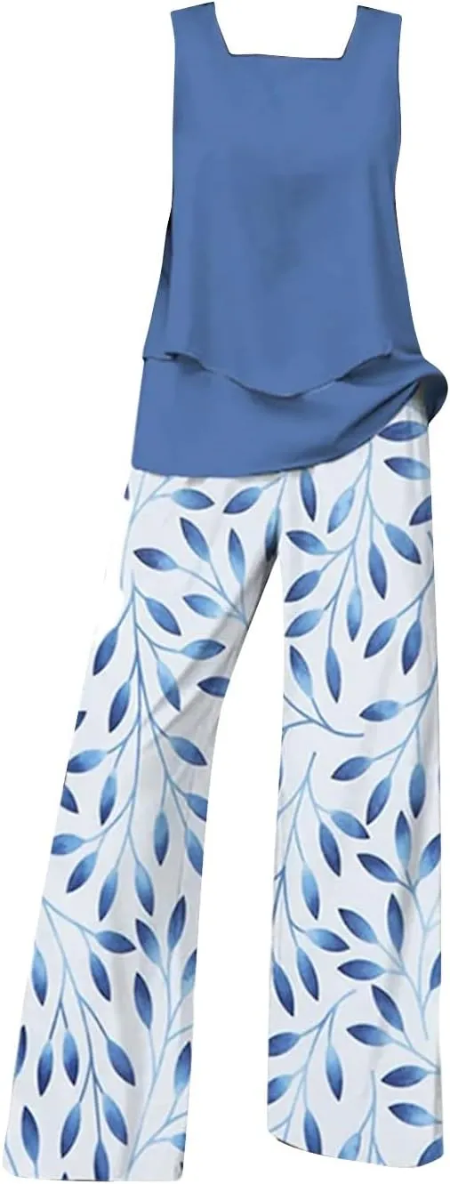 2 Piece Sets for Women Summer Sleeveless Lounge Sets Square Neck Tops Wide Leg Crop Pants Beach Vacation Outfits