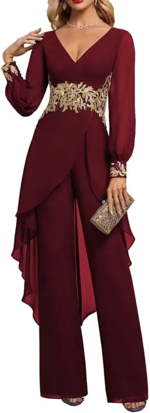 2 Pieces Mother of The Bride Pant Suits for Wedding Lace Appliques Chiffon Pantsuits for Wedding Guest