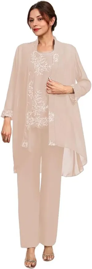 3 Pcs Mother of The Bride Dresses Pantsuit for Wedding 3/4 Sleeves Chiffon Formal Pants Outfit with Jacket