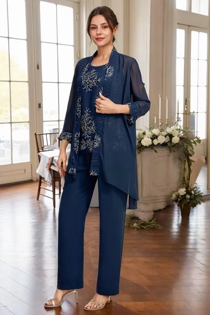 3 Pcs Mother of The Bride Dresses Pantsuit for Wedding 3/4 Sleeves Chiffon Formal Pants Outfit with Jacket