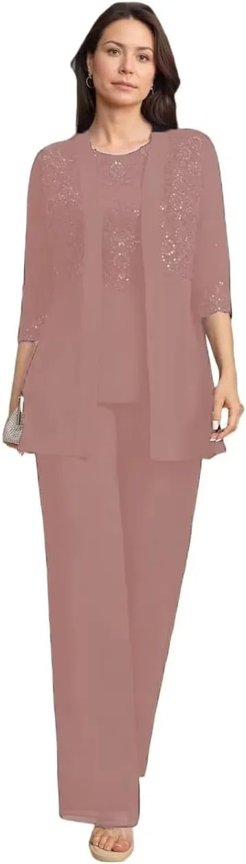 3 Pieces Mother of The Bride Pant Suits for Wedding Chiffon Dressy Pantsuits for Women Evening Party with Jacket