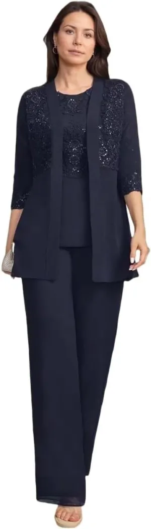 3 Pieces Mother of The Bride Pant Suits for Wedding Chiffon Dressy Pantsuits for Women Evening Party with Jacket