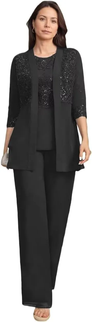 3 Pieces Mother of The Bride Pant Suits for Wedding Chiffon Dressy Pantsuits for Women Evening Party with Jacket