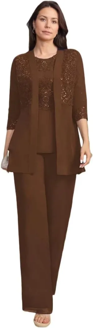 3 Pieces Mother of The Bride Pant Suits for Wedding Chiffon Dressy Pantsuits for Women Evening Party with Jacket