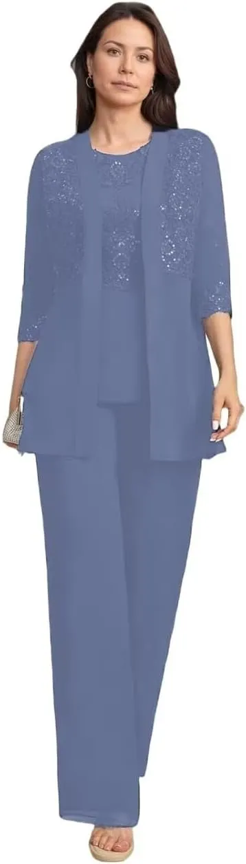 3 Pieces Mother of The Bride Pant Suits for Wedding Chiffon Dressy Pantsuits for Women Evening Party with Jacket