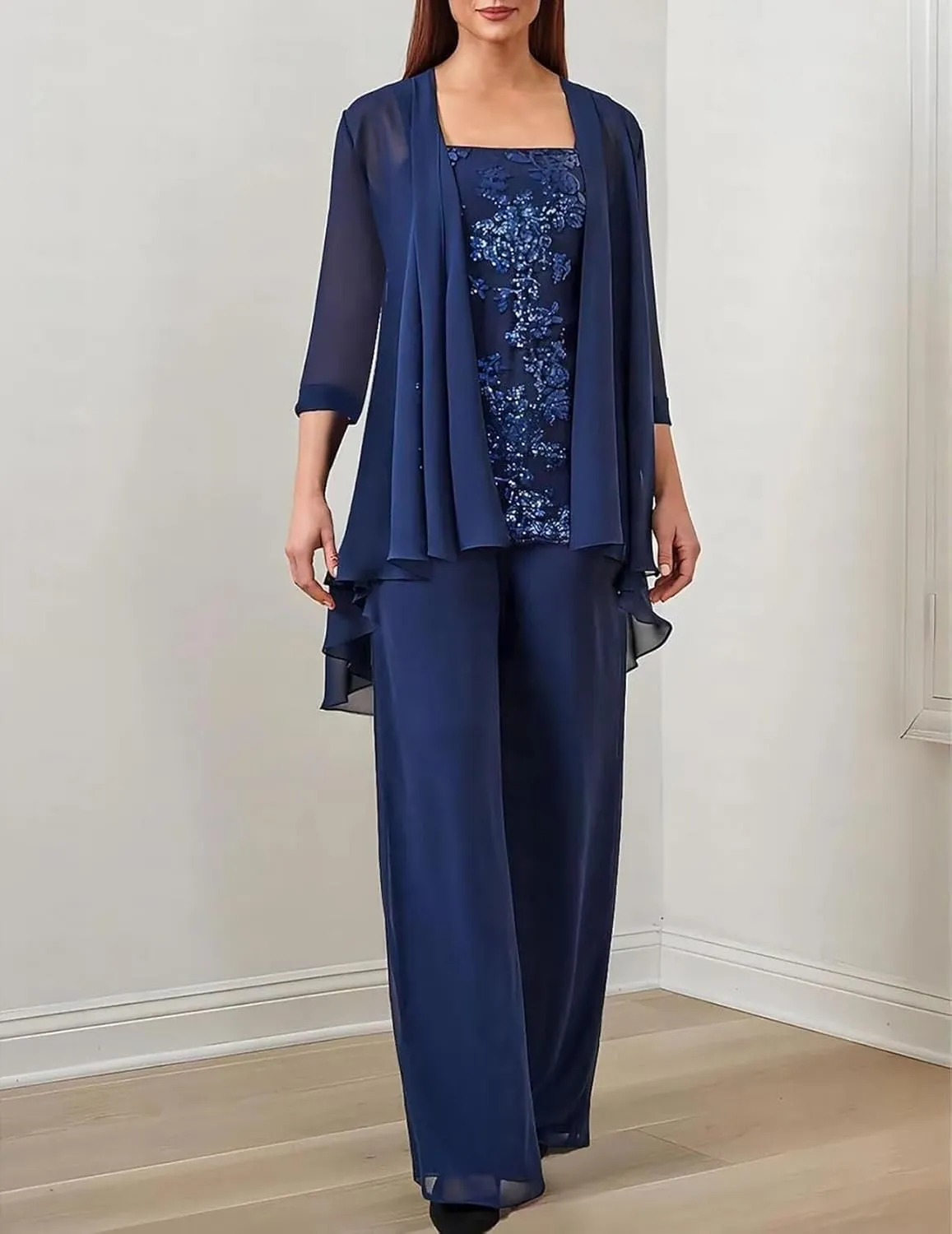 3 Pieces Mother of The Bride Pant Suits for Wedding Chiffon Formal Pantsuits for Women Evening Party with Jacket