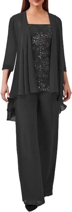 3 Pieces Mother of The Bride Pant Suits for Wedding Chiffon Formal Pantsuits for Women Evening Party with Jacket