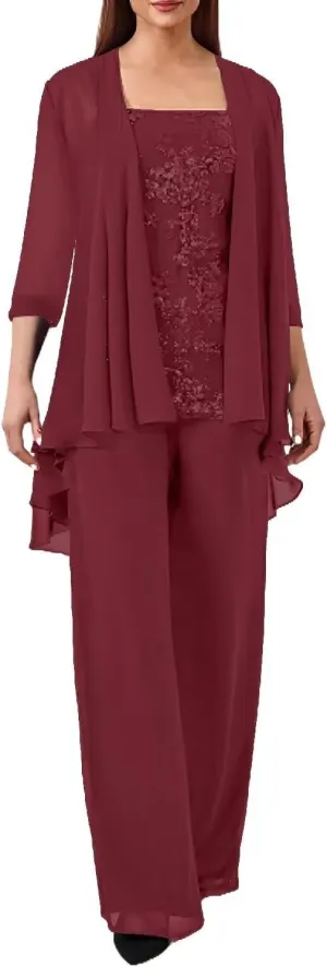 3 Pieces Mother of The Bride Pant Suits for Wedding Chiffon Formal Pantsuits for Women Evening Party with Jacket