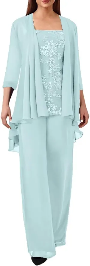 3 Pieces Mother of The Bride Pant Suits for Wedding Chiffon Formal Pantsuits for Women Evening Party with Jacket