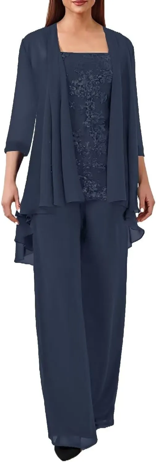3 Pieces Mother of The Bride Pant Suits for Wedding Chiffon Formal Pantsuits for Women Evening Party with Jacket