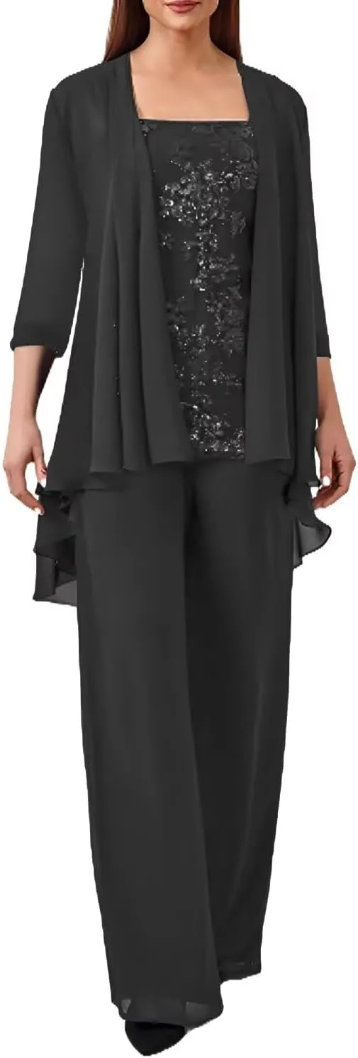 3 Pieces Mother of The Bride Pant Suits for Wedding Chiffon Formal Pantsuits for Women Evening Party with Jacket