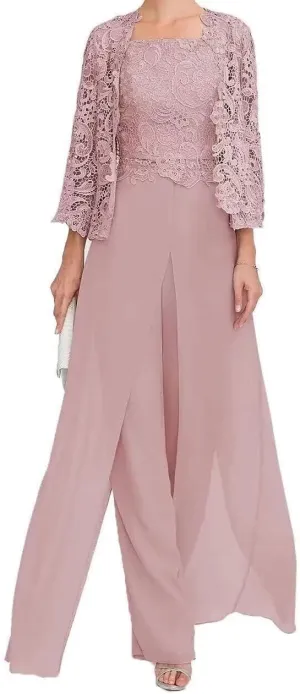 3 Pieces Mother of The Bride Pant Suits for Wedding Lace Chiffon Wedding Guest Outfit for Women