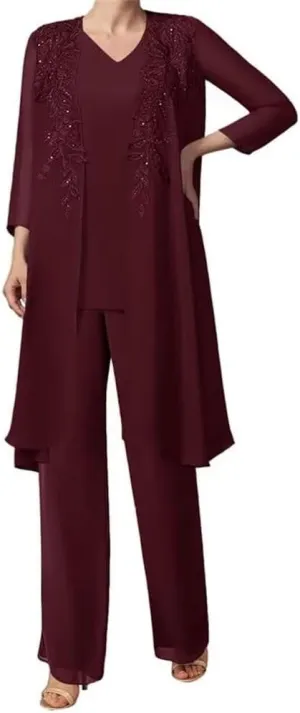 3 Pieces Sequins Mother of The Bride Dress Pant Suits Chiffon Lace Long Formal Evening Gowns with Jacket