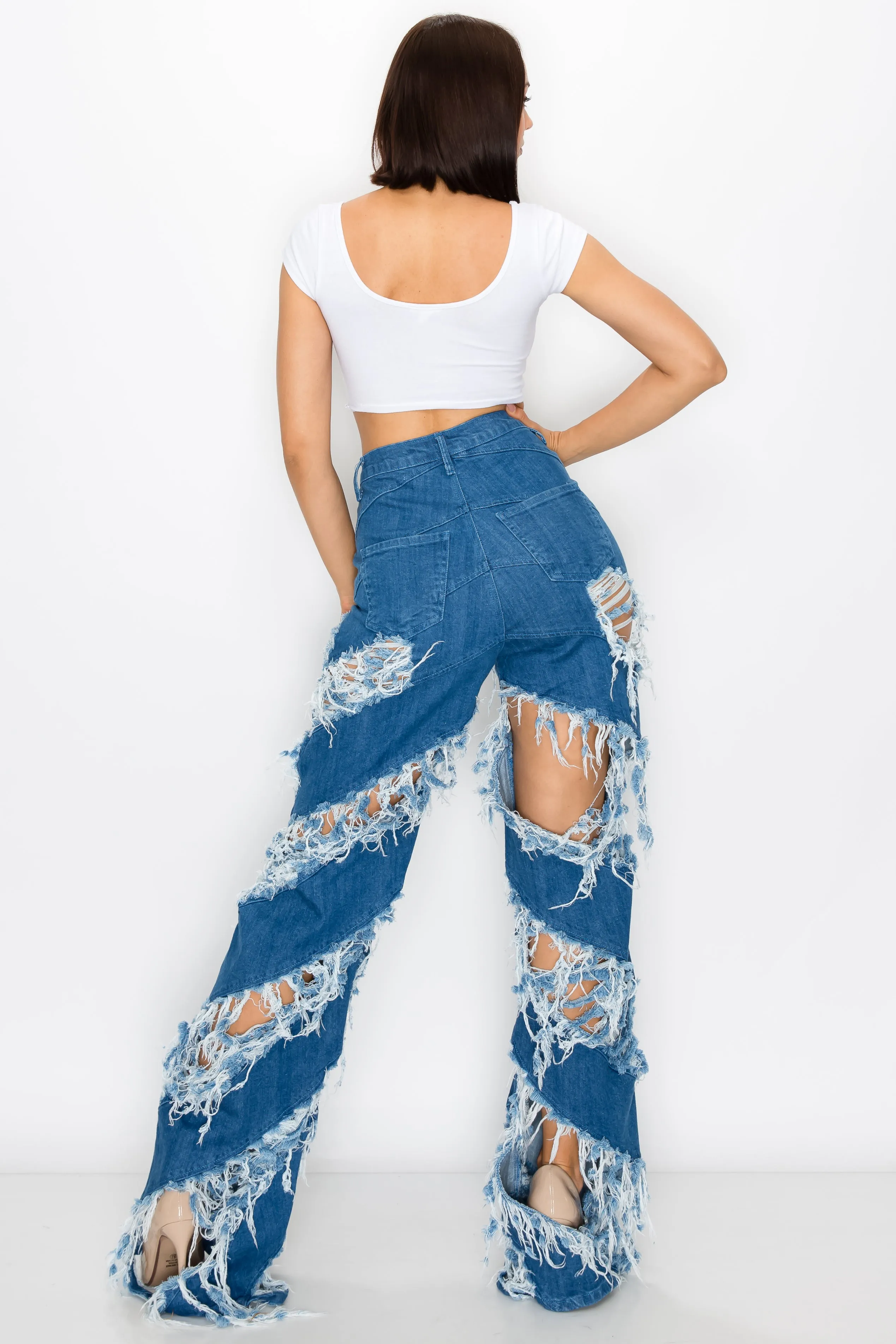 40272 Women's High Waisted Flare Jeans with Frayed Diagonal Leg Openings