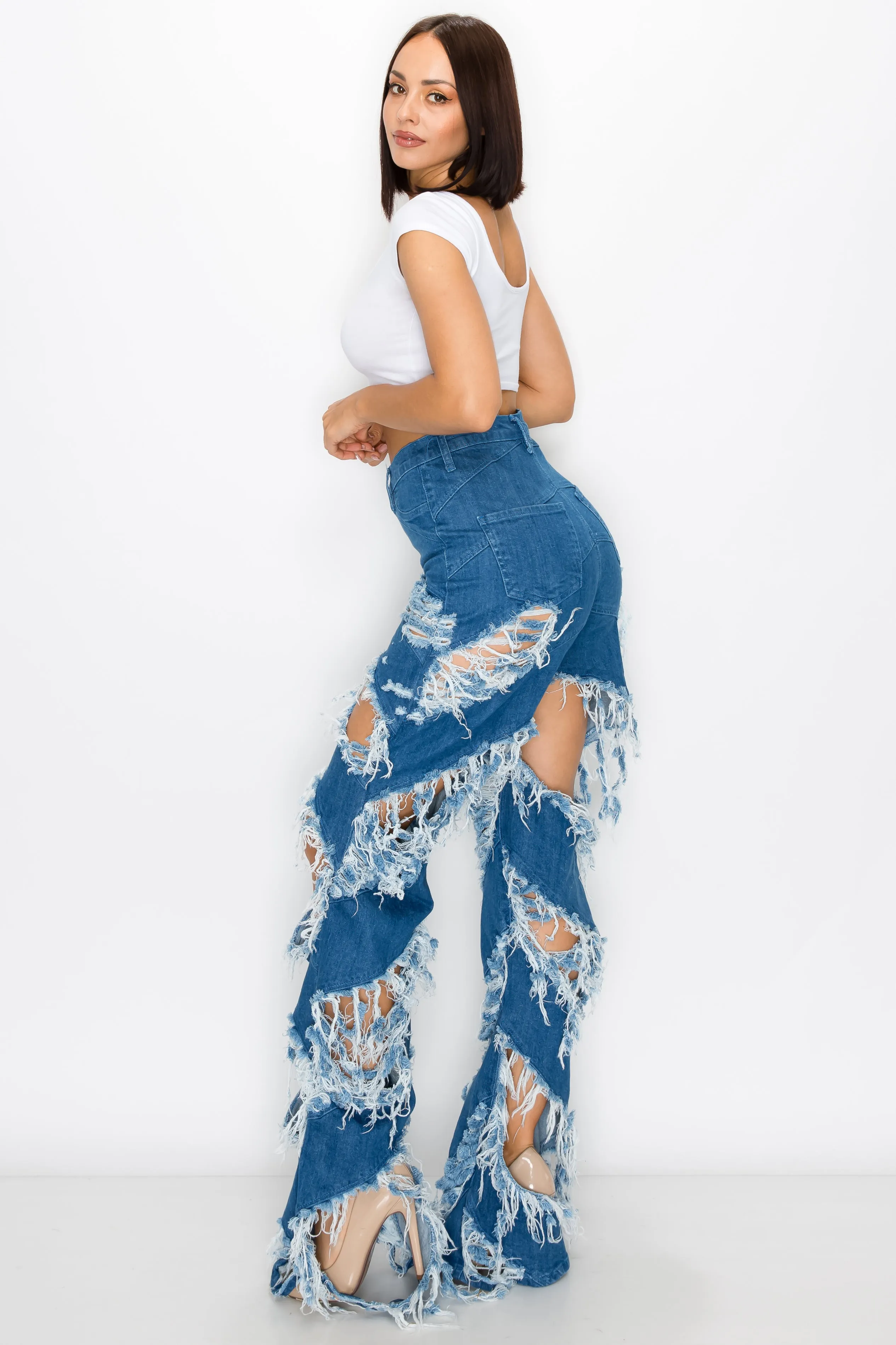 40272 Women's High Waisted Flare Jeans with Frayed Diagonal Leg Openings