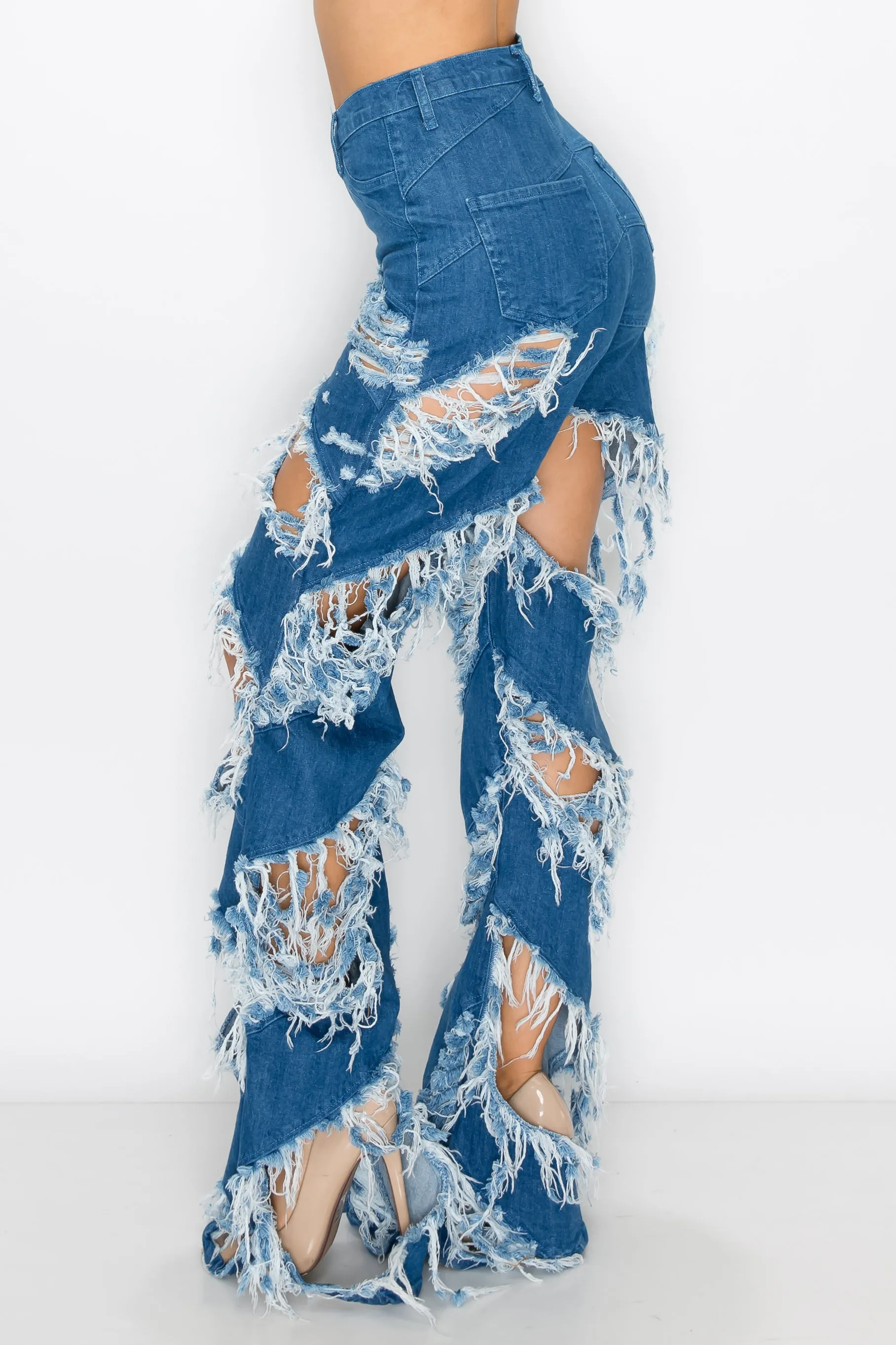 40272 Women's High Waisted Flare Jeans with Frayed Diagonal Leg Openings