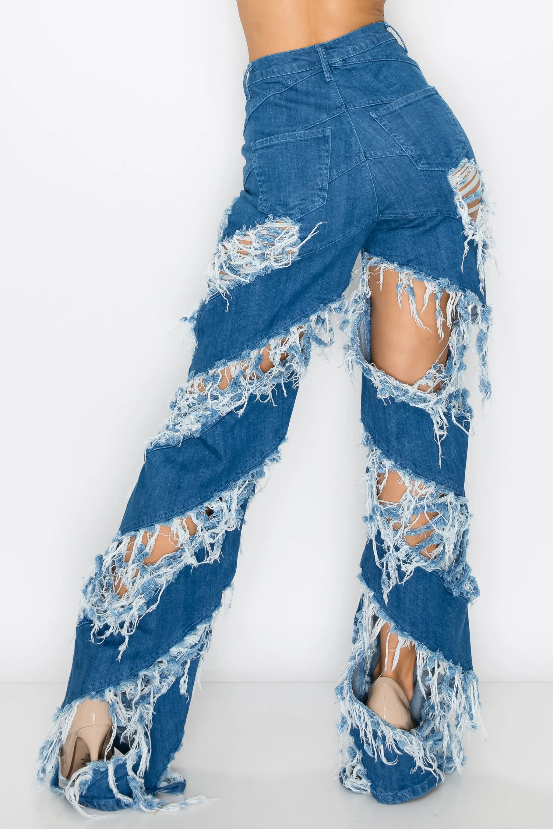 40272 Women's High Waisted Flare Jeans with Frayed Diagonal Leg Openings