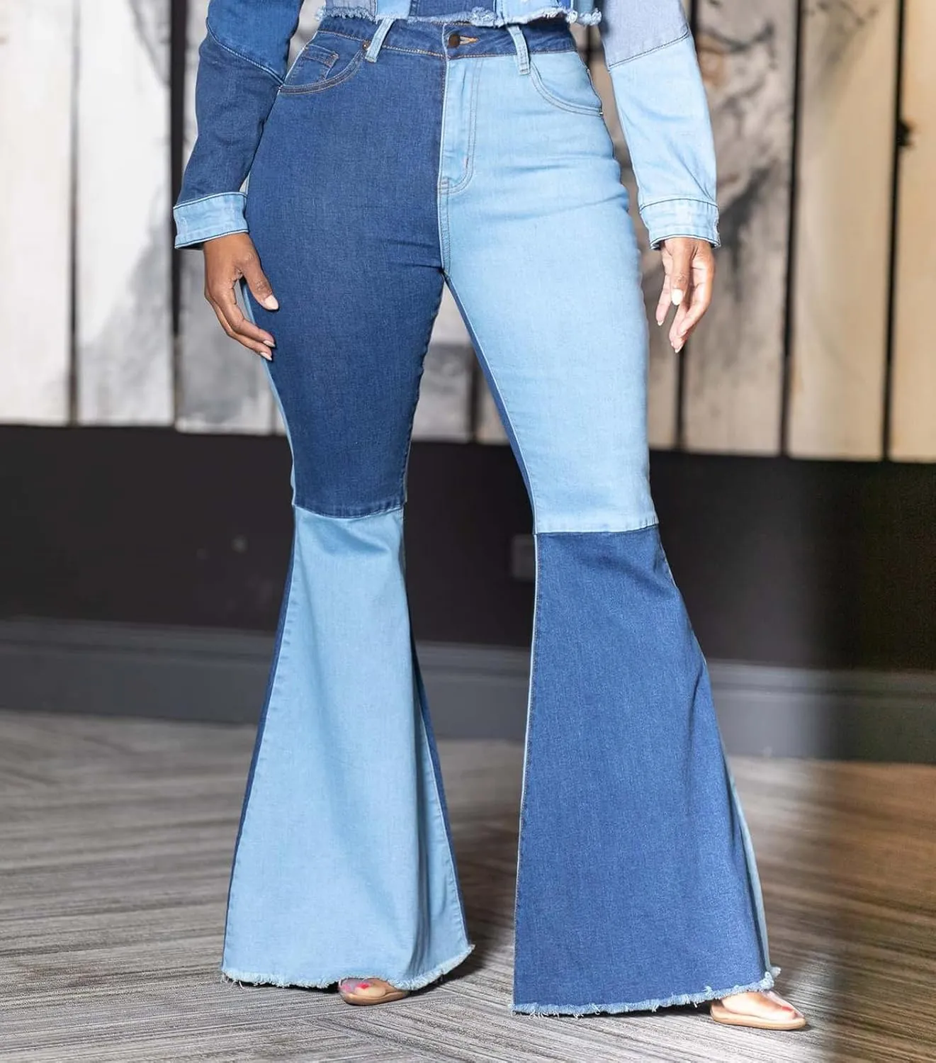 70s Bell Bottom Jeans for Women Elastic High Waisted Raw Hem Denim Pants Classic Vintage Flared Jeans