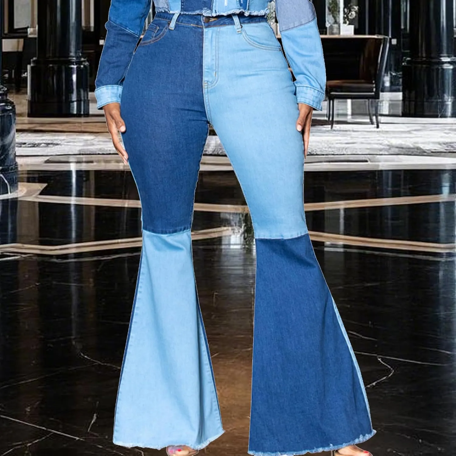 70s Bell Bottom Jeans for Women Elastic High Waisted Raw Hem Denim Pants Classic Vintage Flared Jeans