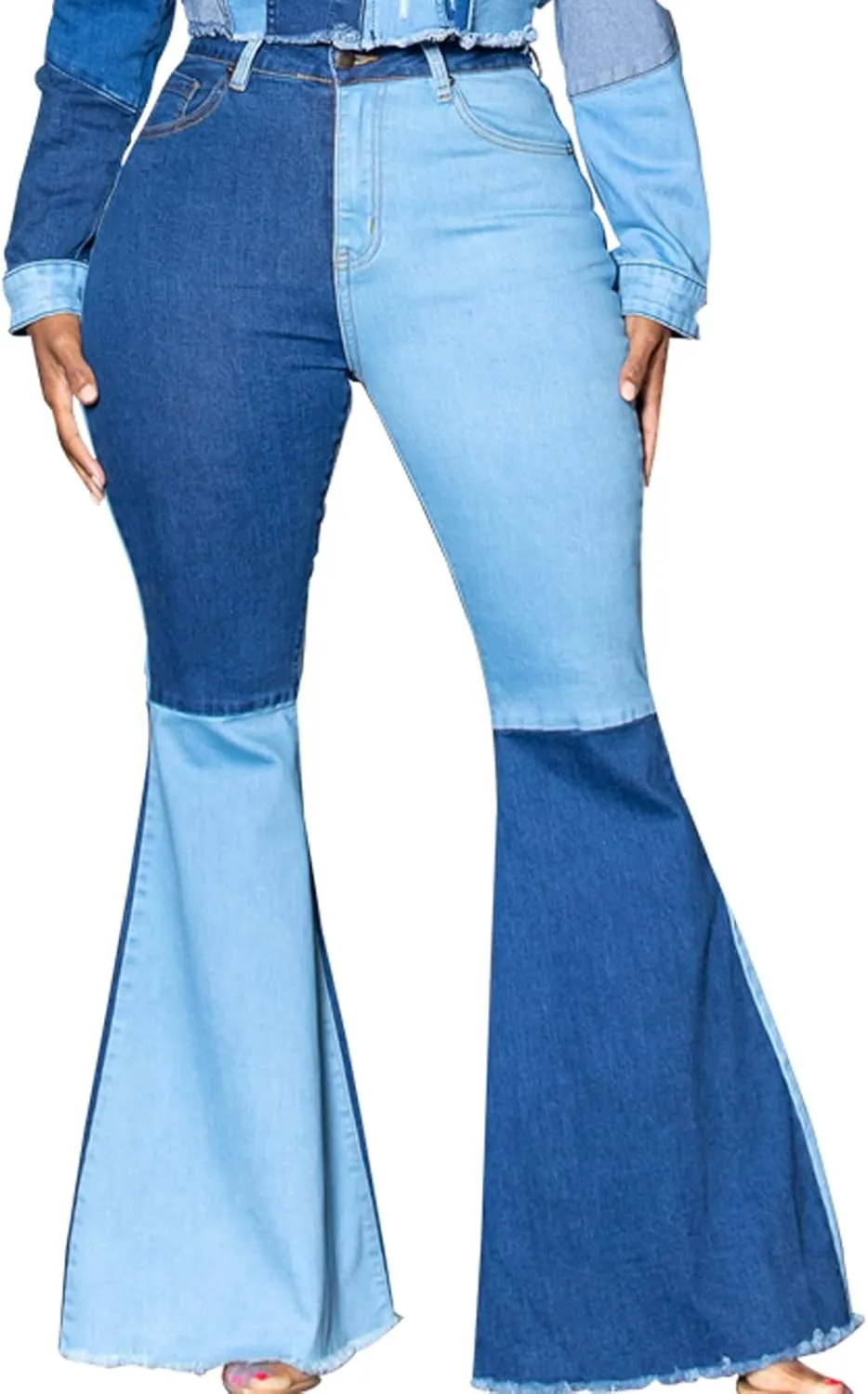 70s Bell Bottom Jeans for Women Elastic High Waisted Raw Hem Denim Pants Classic Vintage Flared Jeans