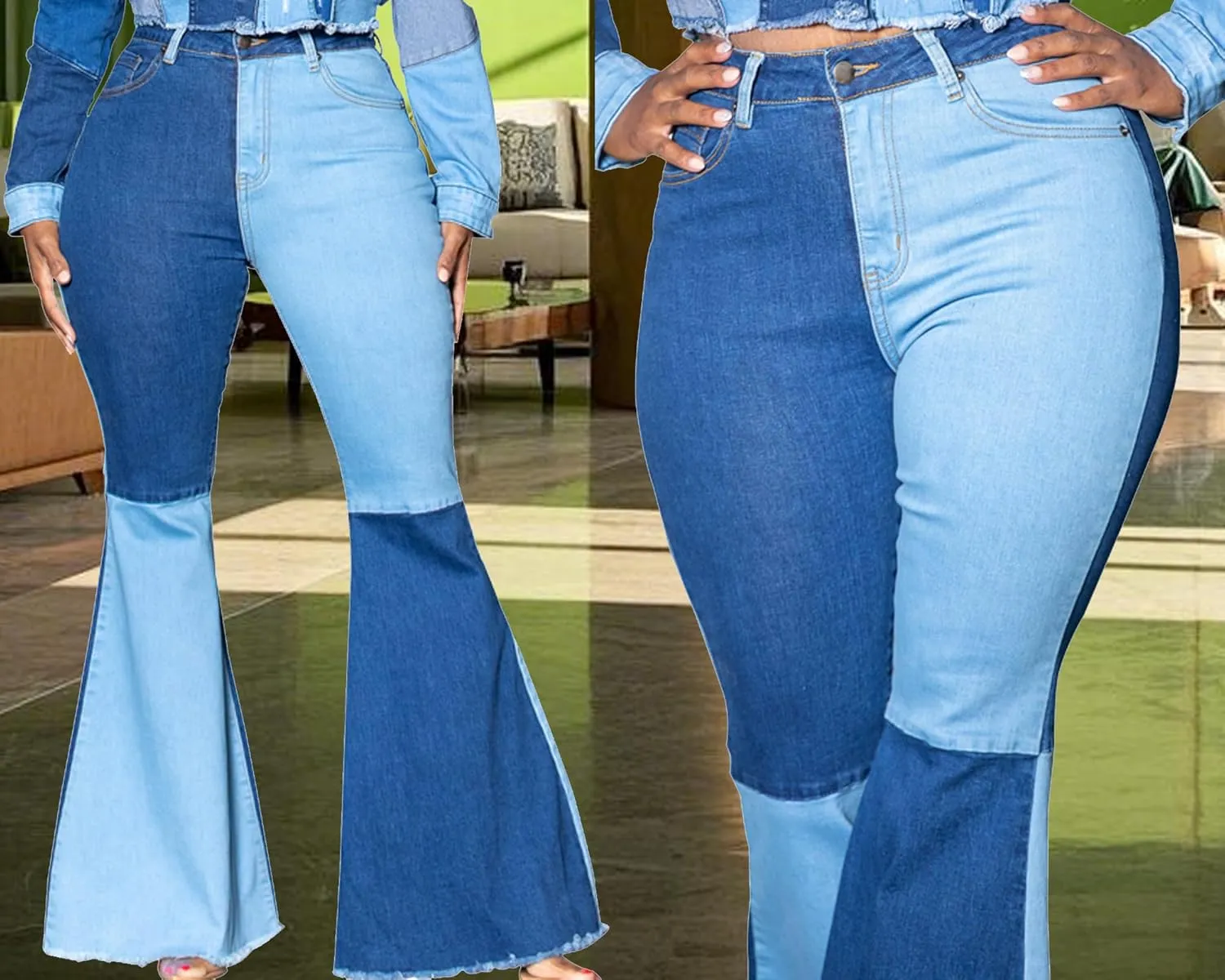 70s Bell Bottom Jeans for Women Elastic High Waisted Raw Hem Denim Pants Classic Vintage Flared Jeans