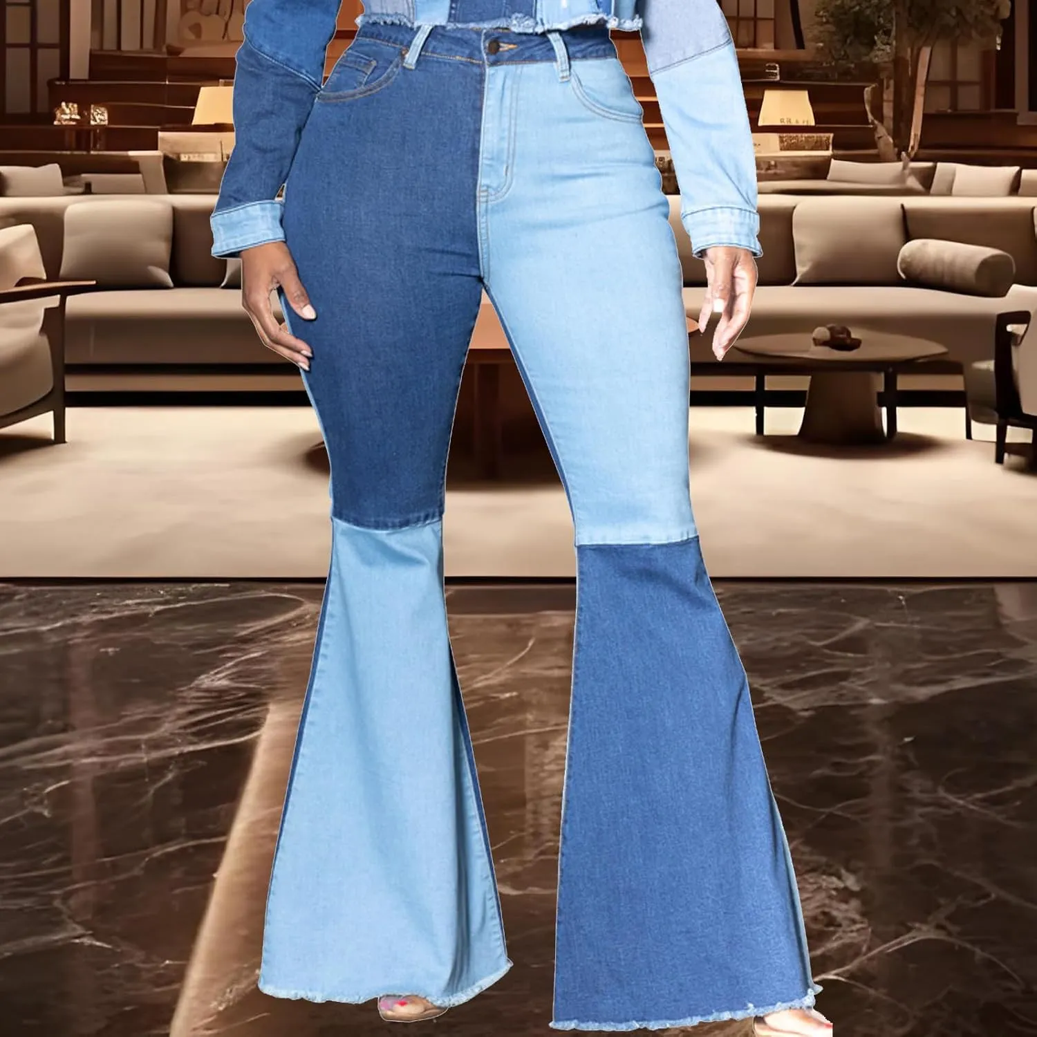 70s Bell Bottom Jeans for Women Elastic High Waisted Raw Hem Denim Pants Classic Vintage Flared Jeans