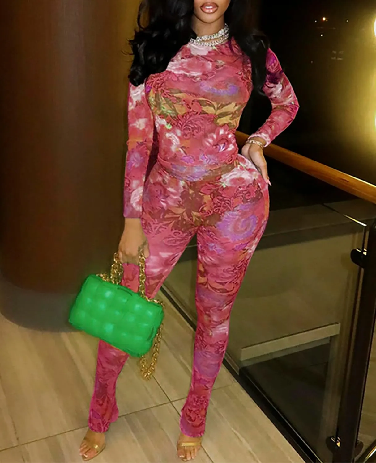 acelyn Women Sexy Two Piece Outfits Mesh Printed Bodycon Flared Pants Sets Club Going Out Birthday Outfits