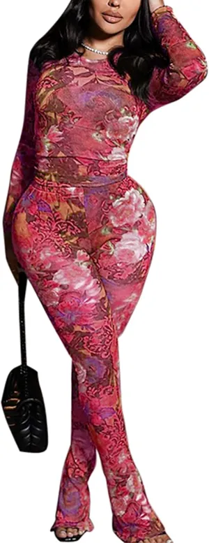 acelyn Women Sexy Two Piece Outfits Mesh Printed Bodycon Flared Pants Sets Club Going Out Birthday Outfits
