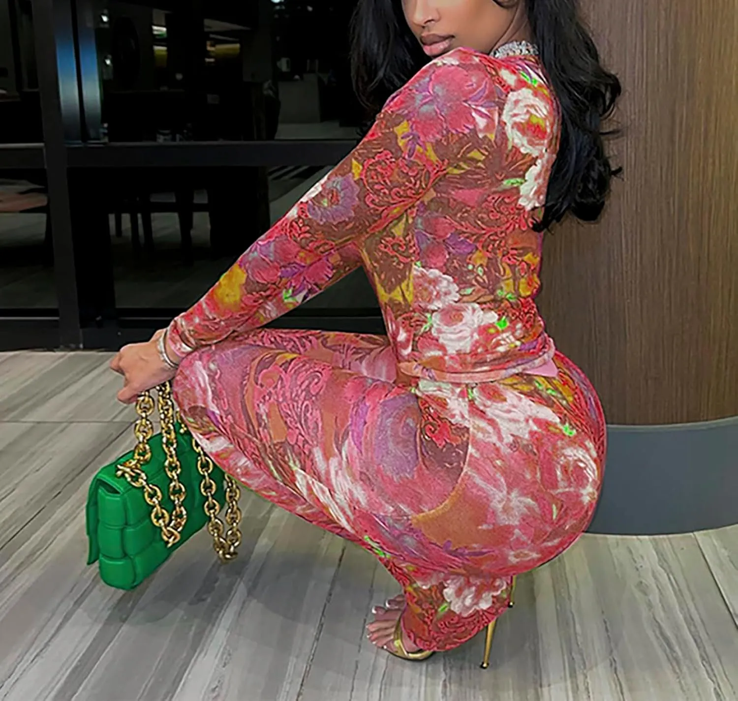 acelyn Women Sexy Two Piece Outfits Mesh Printed Bodycon Flared Pants Sets Club Going Out Birthday Outfits