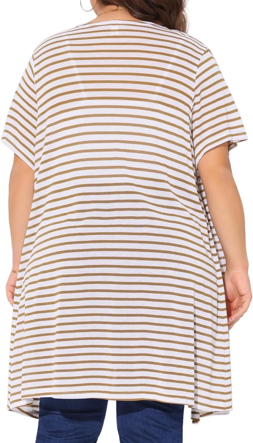 Agnes Orinda Plus Size Cardigan for Women Summer Lightweight Stripe Short Sleeve Open Front Casual Loose Cover Ups