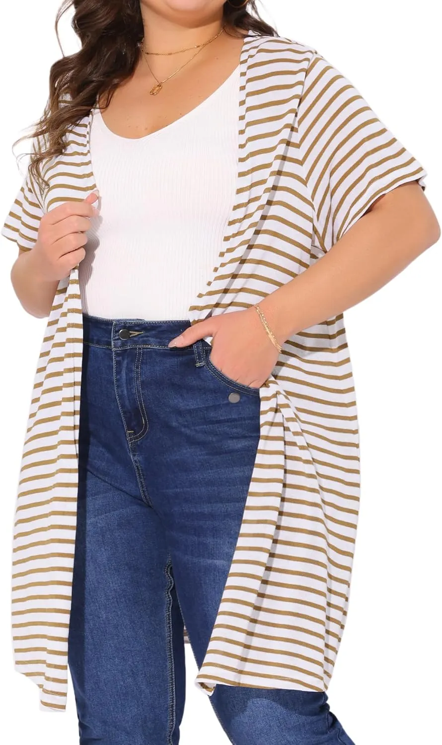 Agnes Orinda Plus Size Cardigan for Women Summer Lightweight Stripe Short Sleeve Open Front Casual Loose Cover Ups