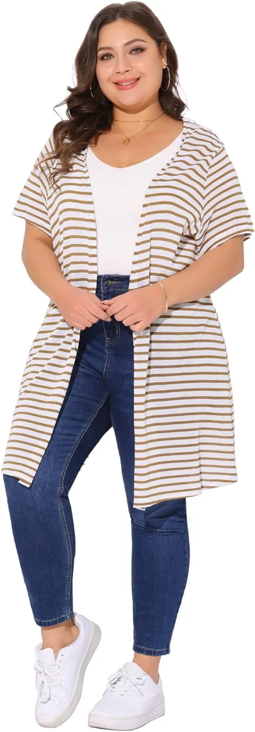 Agnes Orinda Plus Size Cardigan for Women Summer Lightweight Stripe Short Sleeve Open Front Casual Loose Cover Ups