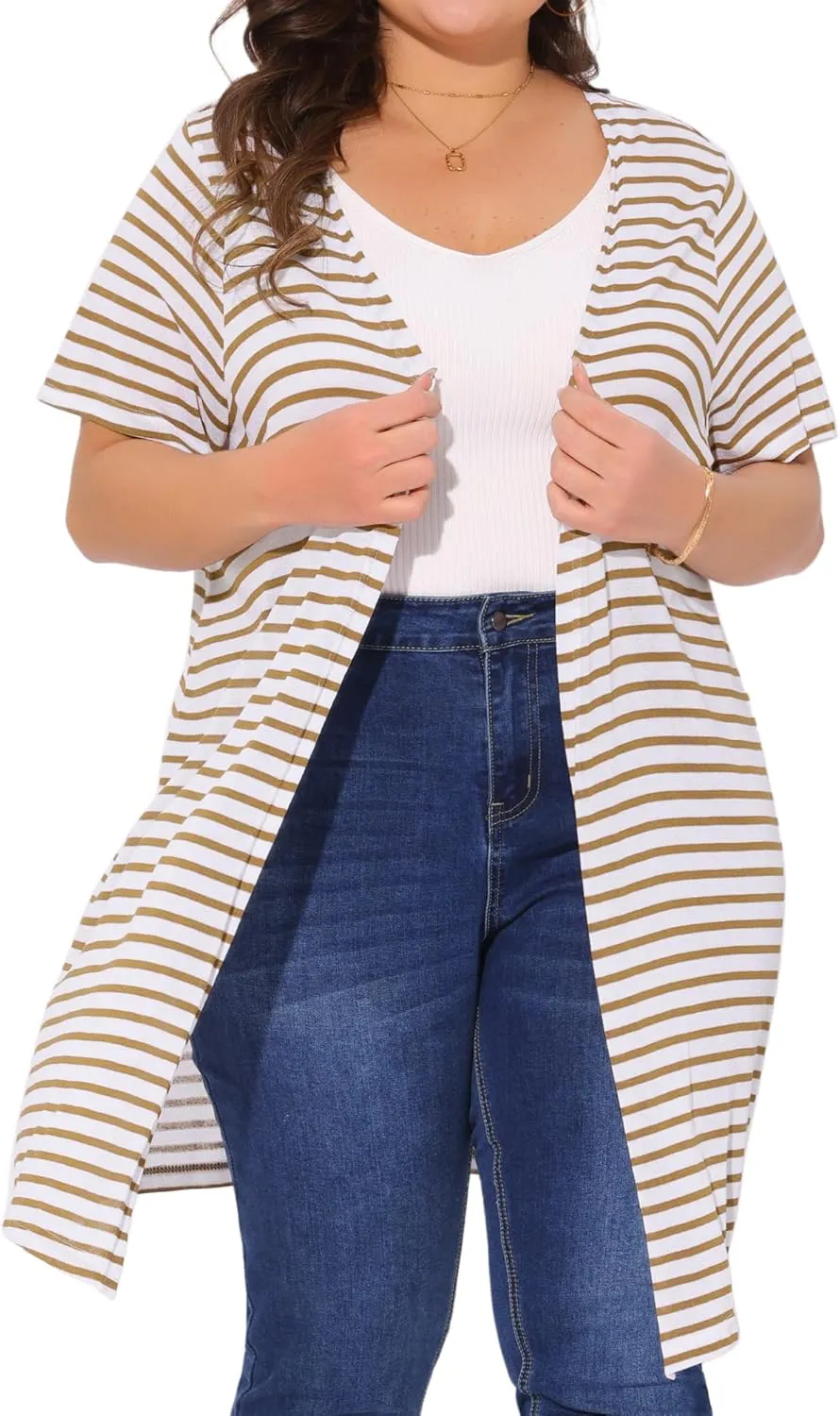 Agnes Orinda Plus Size Cardigan for Women Summer Lightweight Stripe Short Sleeve Open Front Casual Loose Cover Ups