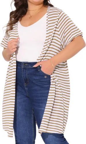 Agnes Orinda Plus Size Cardigan for Women Summer Lightweight Stripe Short Sleeve Open Front Casual Loose Cover Ups