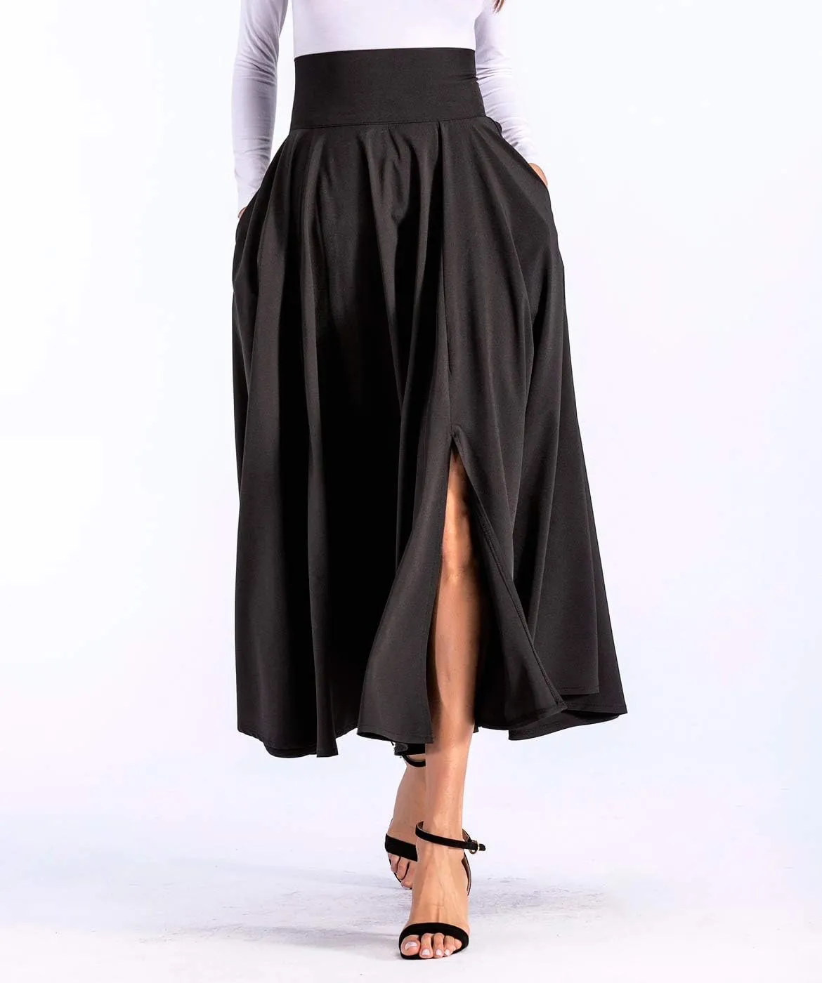 Aivtalk Women High Waist Long Skirt with Slit Pockets Bow Tie Pleated Maxi Skirt