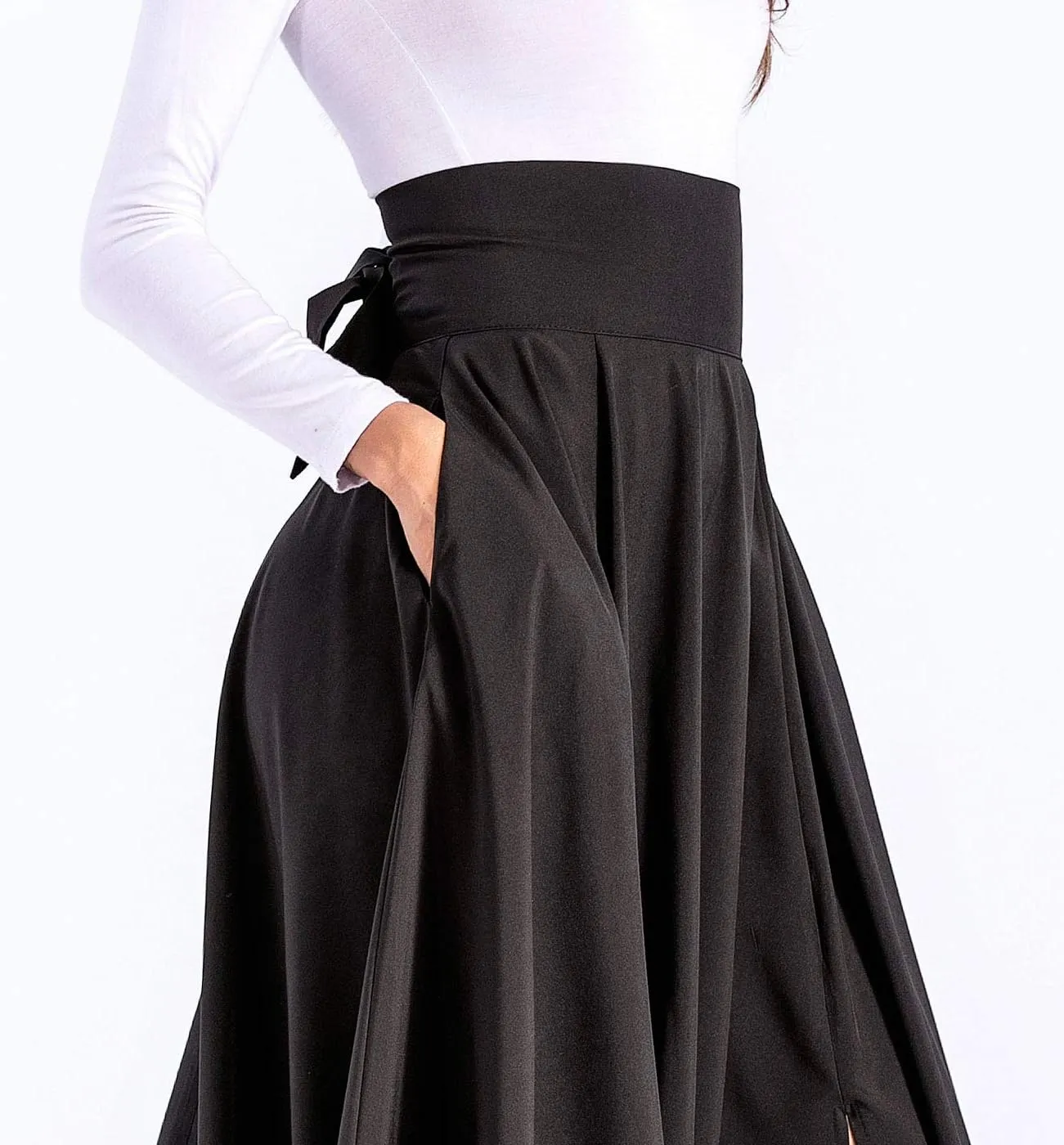 Aivtalk Women High Waist Long Skirt with Slit Pockets Bow Tie Pleated Maxi Skirt
