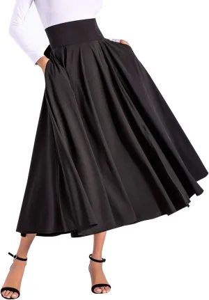 Aivtalk Women High Waist Long Skirt with Slit Pockets Bow Tie Pleated Maxi Skirt