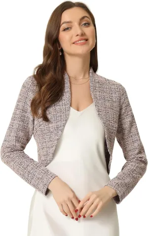 Allegra K Crop Bolero Shrug for Women's Vintage Open Front Office Long Sleeve Plaid Tweed Cardigan