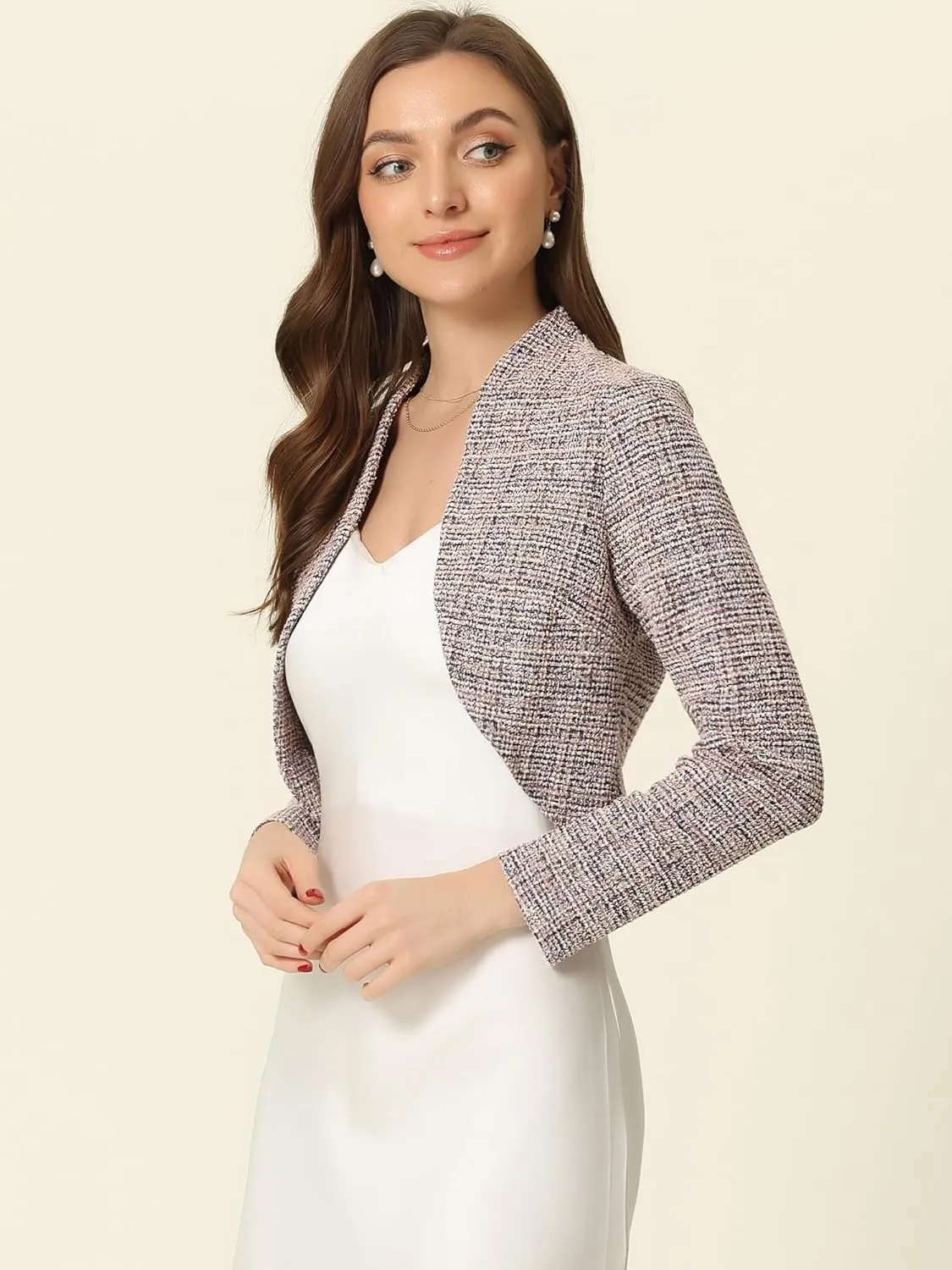 Allegra K Crop Bolero Shrug for Women's Vintage Open Front Office Long Sleeve Plaid Tweed Cardigan