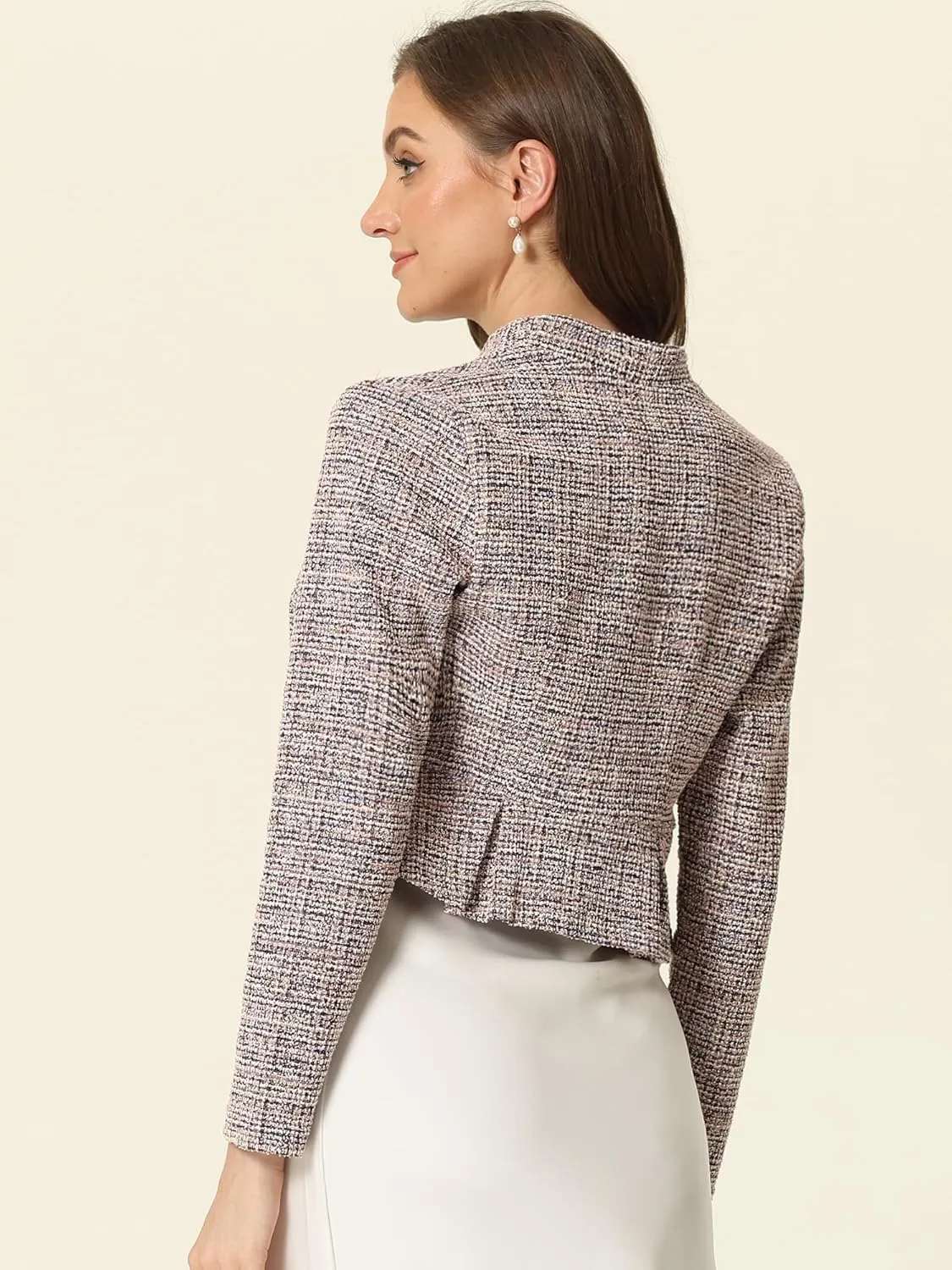 Allegra K Crop Bolero Shrug for Women's Vintage Open Front Office Long Sleeve Plaid Tweed Cardigan