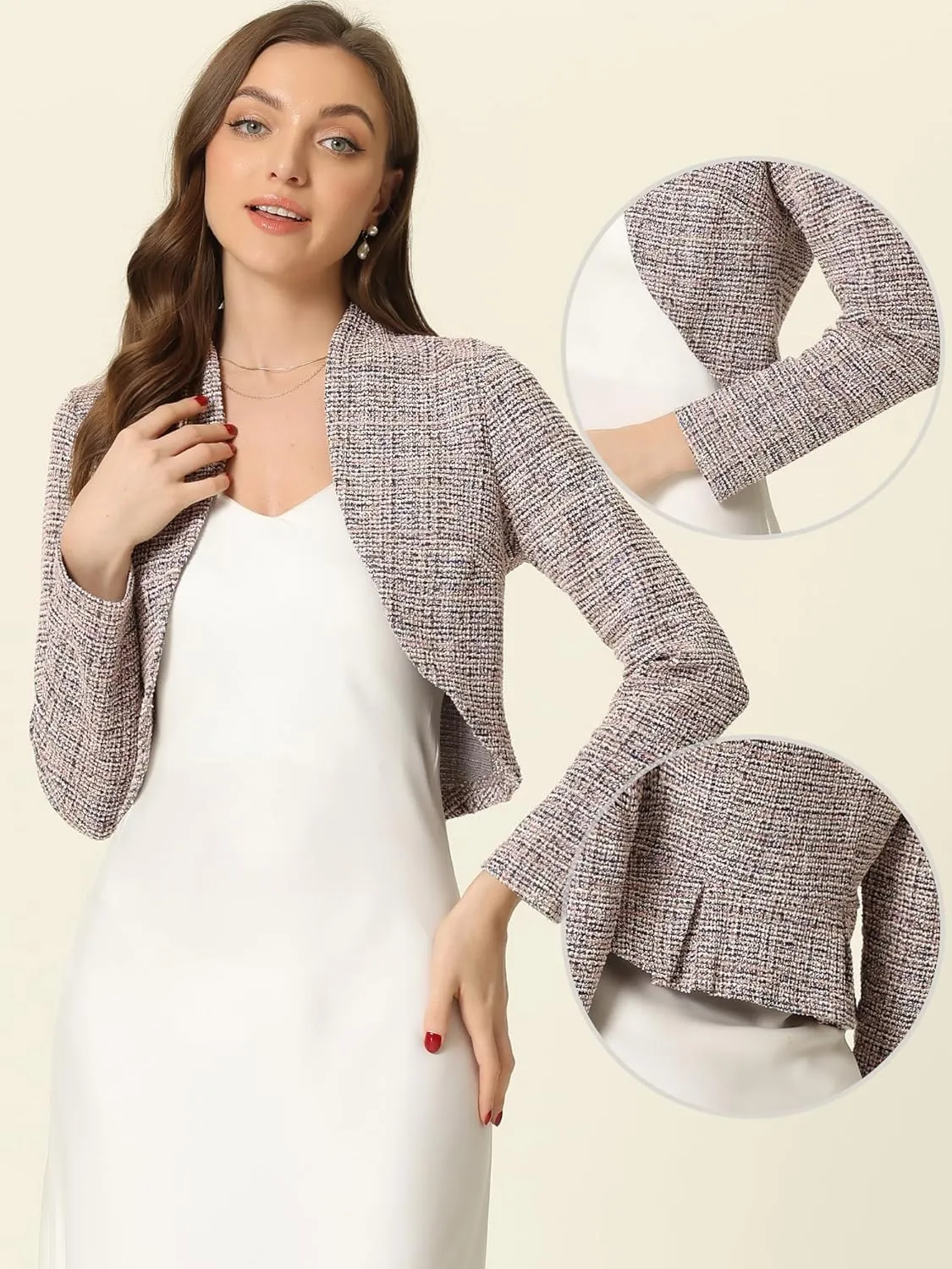 Allegra K Crop Bolero Shrug for Women's Vintage Open Front Office Long Sleeve Plaid Tweed Cardigan