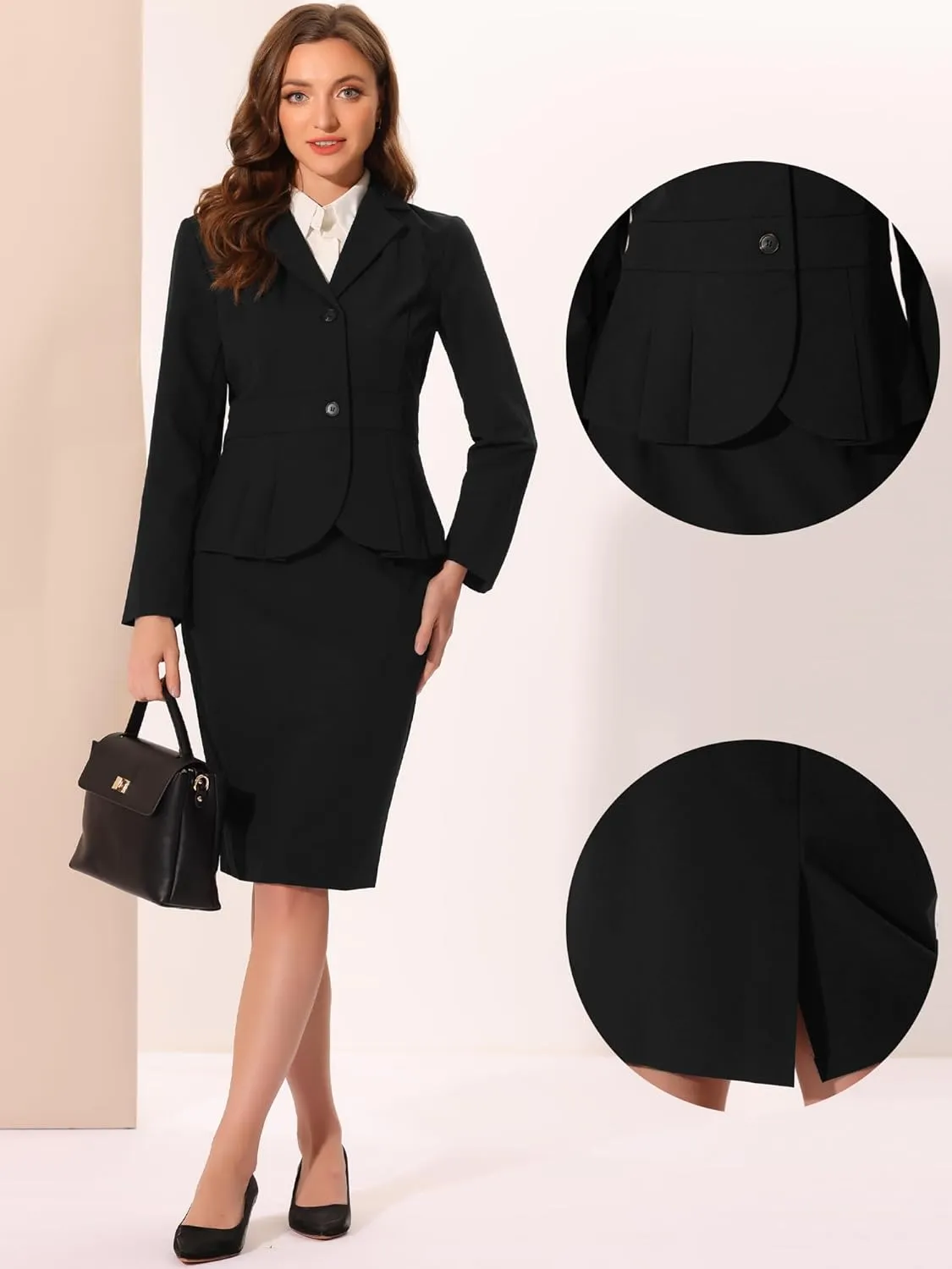 Allegra K Skirt Suit Sets for Women's 2 Piece Formal Office Notched Lapel Peplum Jacket Blazer Pencil Skirts Set