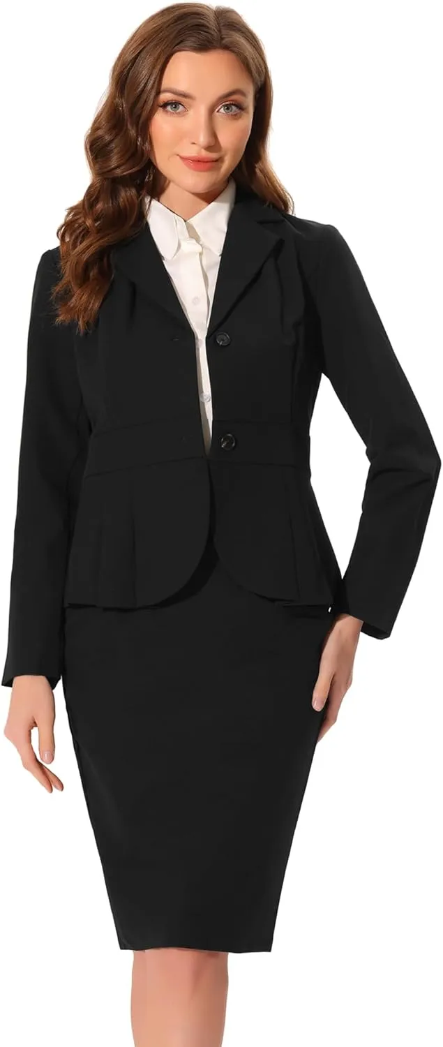Allegra K Skirt Suit Sets for Women's 2 Piece Formal Office Notched Lapel Peplum Jacket Blazer Pencil Skirts Set